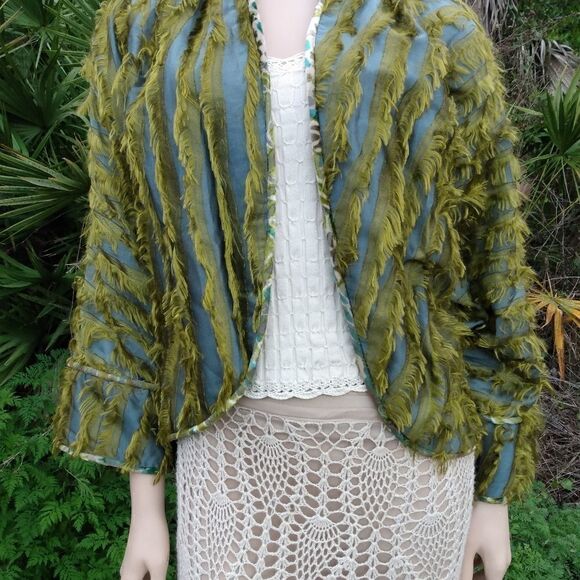 EUC VINTAGE ZONDA NELLIS Blue/Gray Satin with Olive Green Shag & Velvet Trim M - Picture 9 of 11